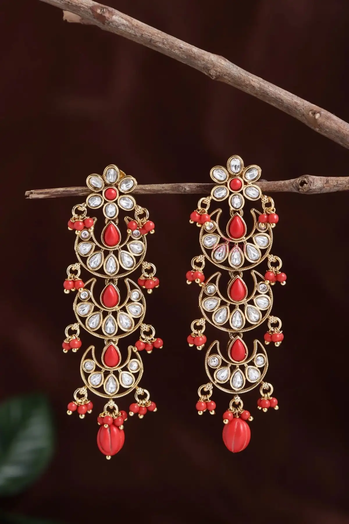 Coral Chandbali Layered Drop Earrings